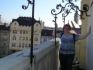 Wallyce on top of the clock tower in the Main Square....can you see the steeple and the bridge in the distance?